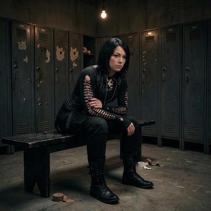 Stoic woman in black goth tactical attire sits on a bench in a dim, weathered industrial locker room
