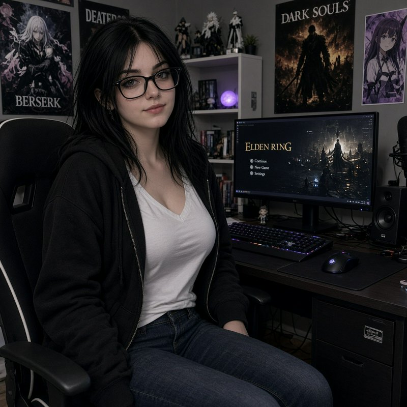 Gamer girl with black hair and glasses sitting at her Elden Ring themed gaming desk