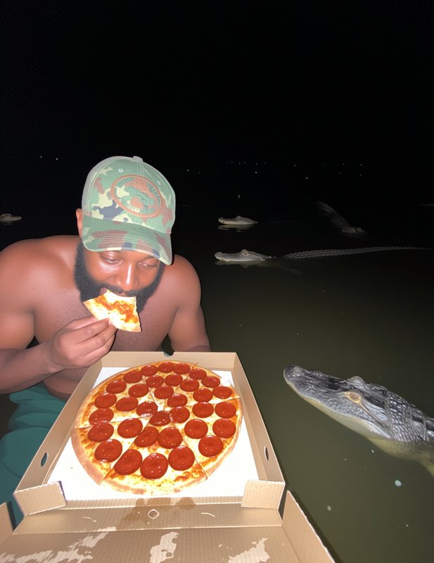 Shirtless man eats pepperoni pizza while surrounded by alligators in dark night swamp water
