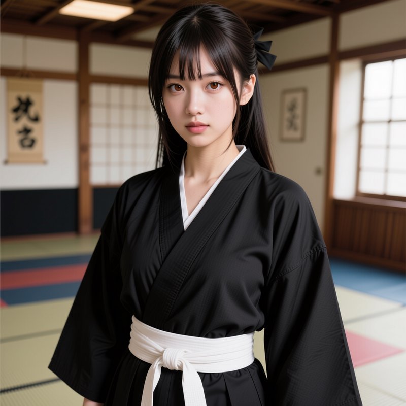 Young female martial artist in a black training gi stands in a traditional Japanese dojo