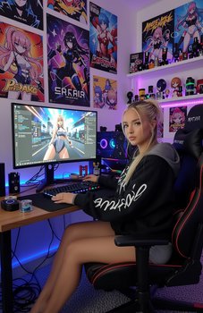 Blonde gamer sits at her RGB gaming desk playing an anime-themed PC game in a poster-covered bedr...
