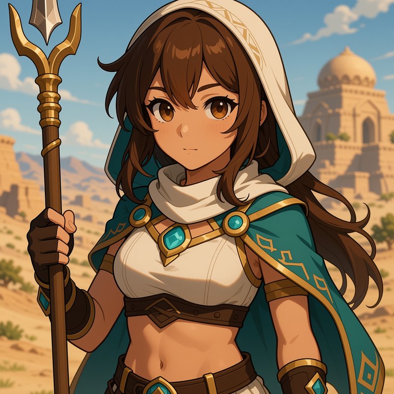Anime fantasy desert warrior girl holding a spear stands before ancient sunlit desert temple ruins