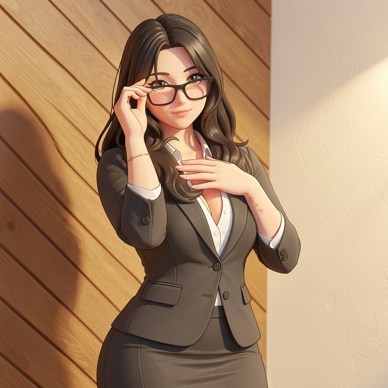 Anime style professional businesswoman adjusting her glasses while wearing a formal office suit