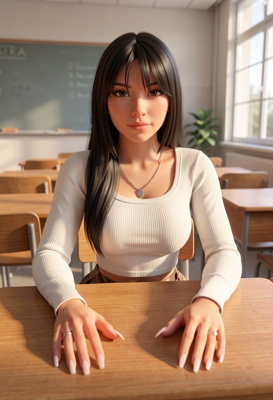 3D animated young woman sitting at a classroom desk facing the viewer
