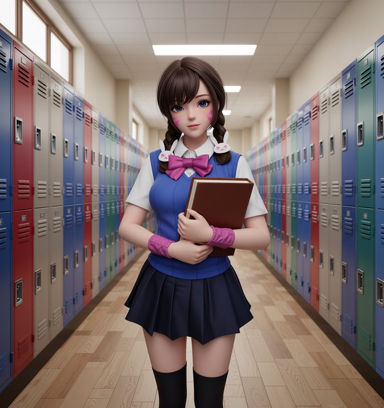 3D anime schoolgirl holding a textbook stands in a school hallway lined with lockers
