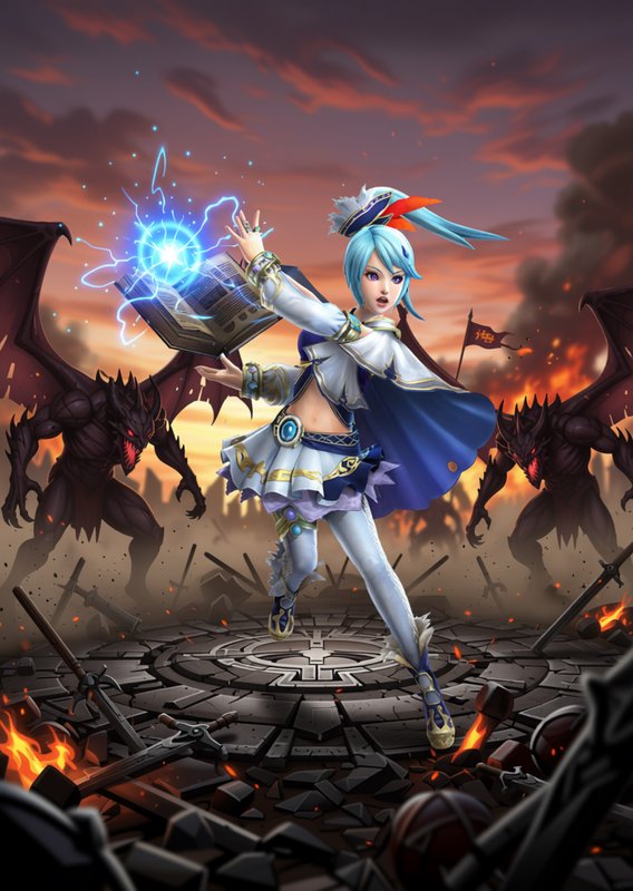 Blue haired female mage casts lightning magic from a spellbook while facing winged demons on a ru...