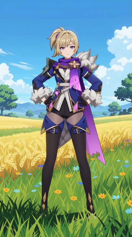 Blonde ponytail fantasy anime character stands with hands on hips in a sunlit wildflower meadow