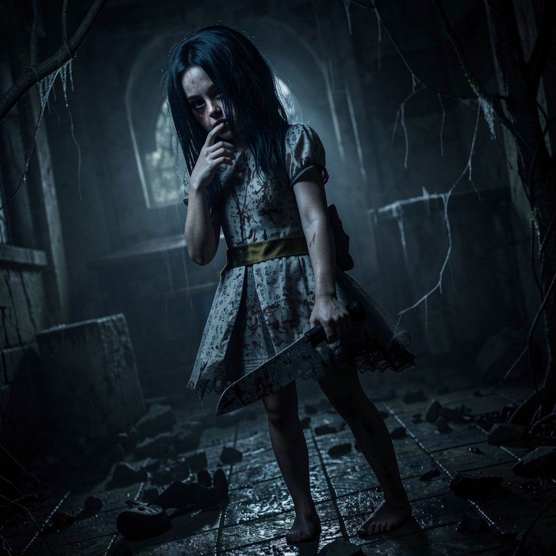 Creepy young girl in a bloodstained dress holds a large butcher knife in a derelict haunted stone...