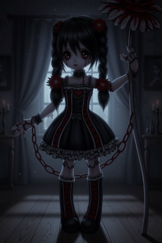 Gothic chibi anime girl with bleeding red eyes holds a tall bloodied flower in a dark moonlit room