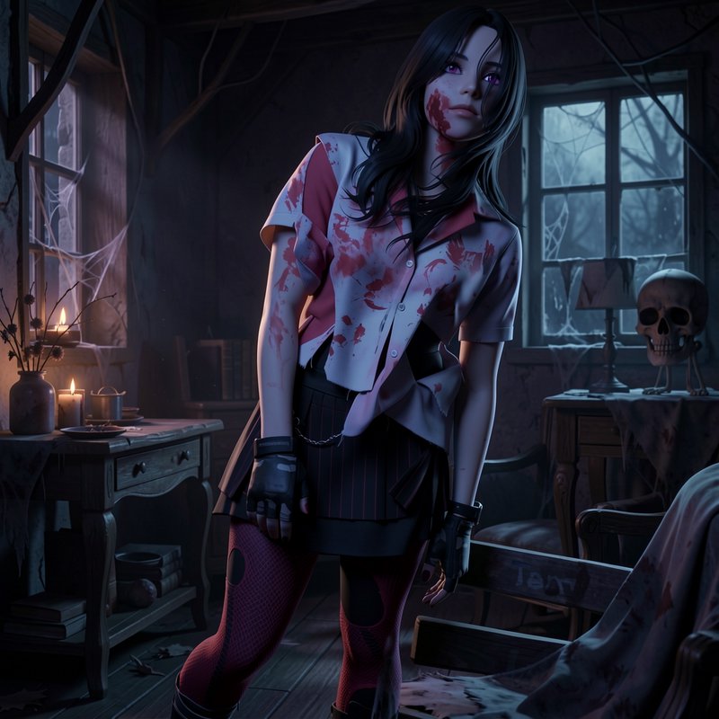 Blood-stained anime girl standing in a dim abandoned haunted cabin at night