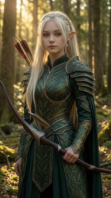 Blonde elven archer in ornate green armor holds a bow in a sunlit old growth forest