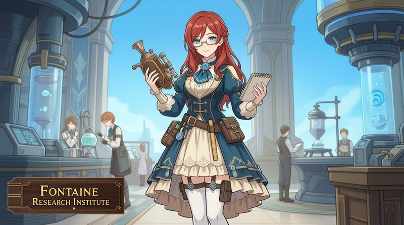 Red-haired bespectacled anime researcher holding lab equipment and notebook at Fontaine Research ...