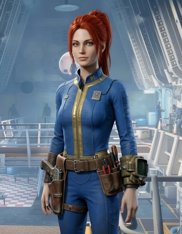 Red-haired female vault dweller in a blue vault suit stands inside a retro-futuristic fallout vault
