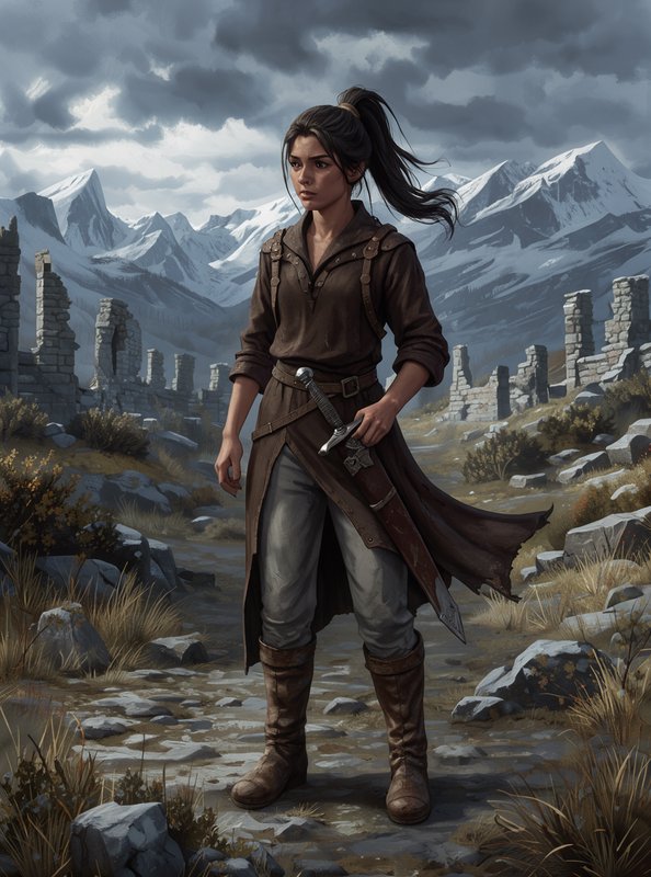 Female fantasy adventurer stands in ancient stone ruins with snow-capped mountains behind her und...