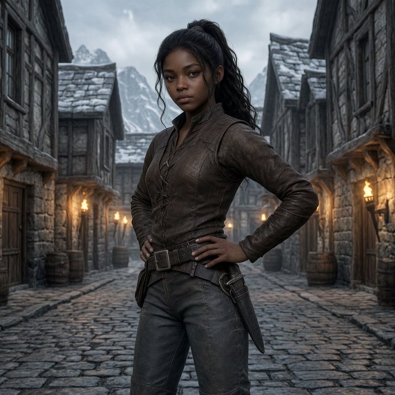 Confident female fantasy rogue stands in a snowy cobblestone medieval mountain village street