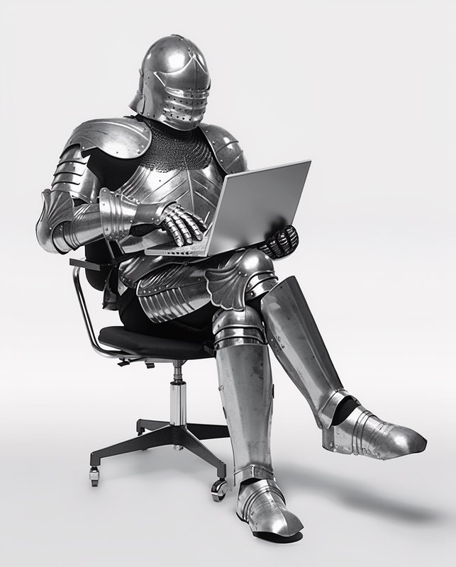 Knight in full polished plate armor sits in an office chair typing on a modern laptop