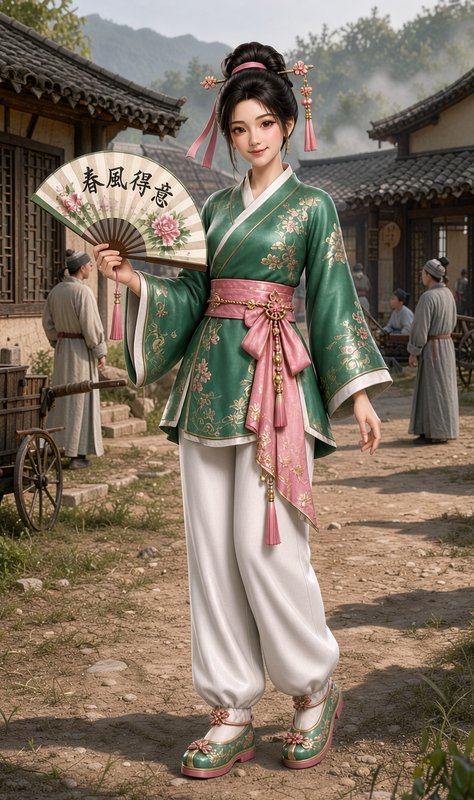 Young woman in embroidered traditional hanfu holds a calligraphy fan while standing in an ancient...