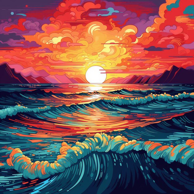 Vibrant sunset over stylized ocean waves with fiery clouds and distant mountains.