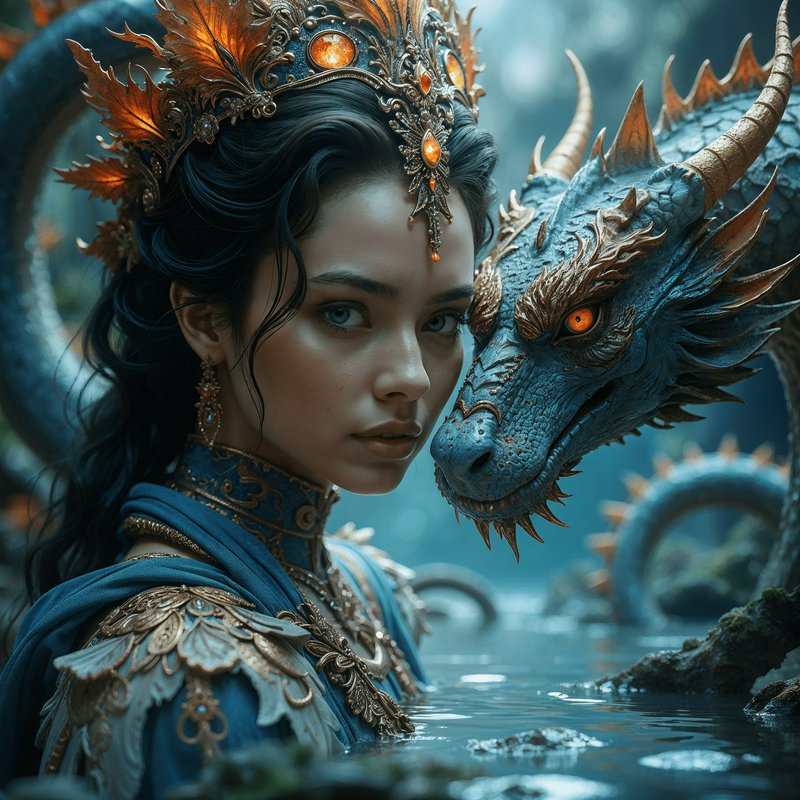 Ornate jeweled elven queen stands in misty forest water beside her loyal blue-scaled, gold-accent...