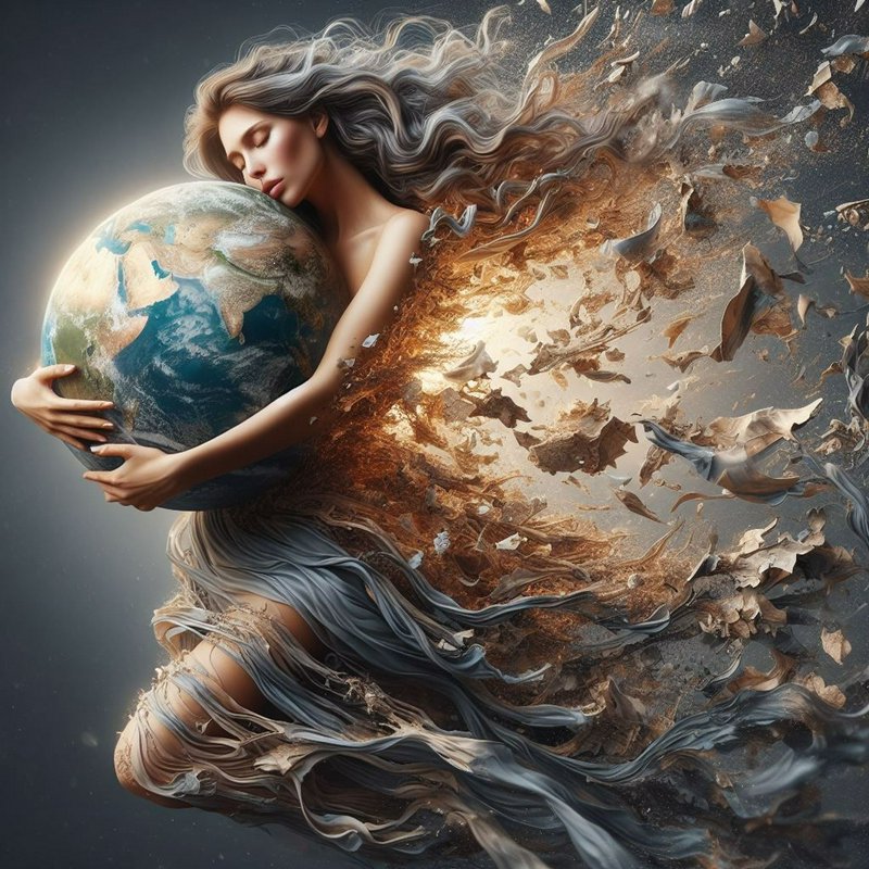 Ethereal Mother Earth figure gently holds a glowing planet globe as her form dissolves into float...