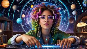 Female scientist with purple hair and glasses manipulating a holographic grid in a space-themed s...