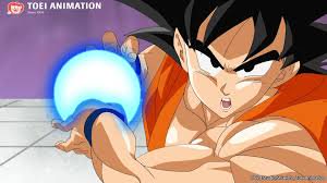 Goku from Dragon Ball in an orange gi unleashing a glowing blue energy blast.