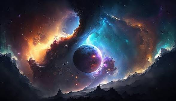 Vivid cosmic scene with colorful nebulae, two planets, and jagged mountains silhouetted in the fo...