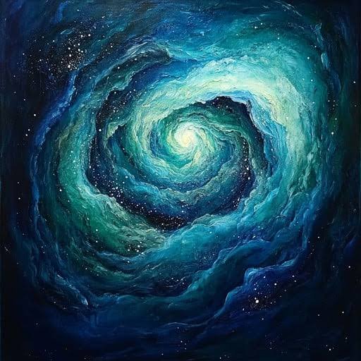 Abstract spiral galaxy painting in blue-green hues swirling toward a bright center.