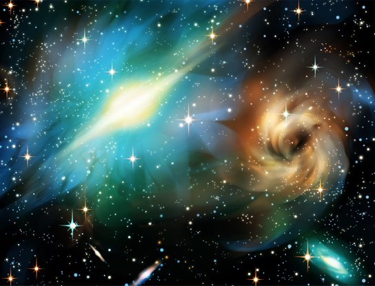 Vibrant space scene with swirling nebulae, stars, and a golden spiral galaxy.