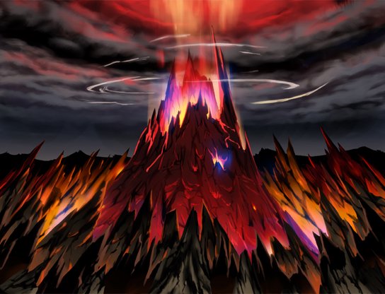 Fiery jagged volcanic mountain erupting with glowing red-orange peaks under a dark stormy sky.