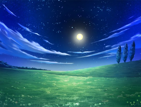 Moonlit grassy field under a starry night sky with a few tall trees on the horizon.