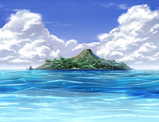 Island with green trees and a mountain surrounded by bright blue ocean under a cloudy sky.