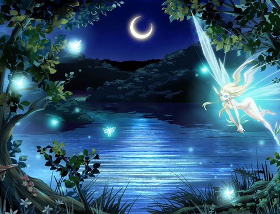 Moonlit lake scene with glowing fairies over a tranquil blue water.
