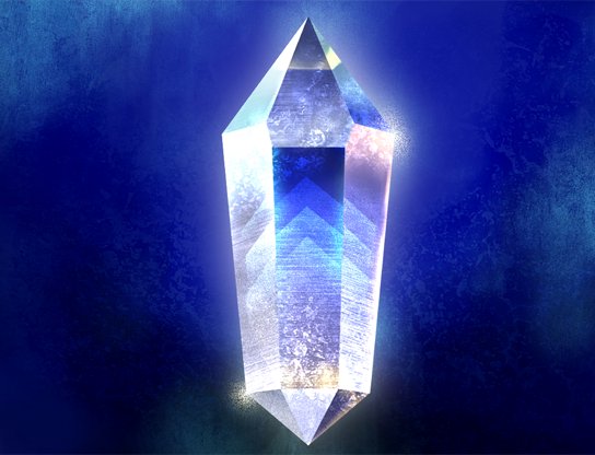 Glowing crystal prism floating against a deep blue gradient background.