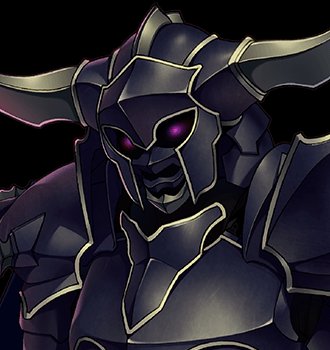 Dark armored knight with glowing purple eyes and angular plates.