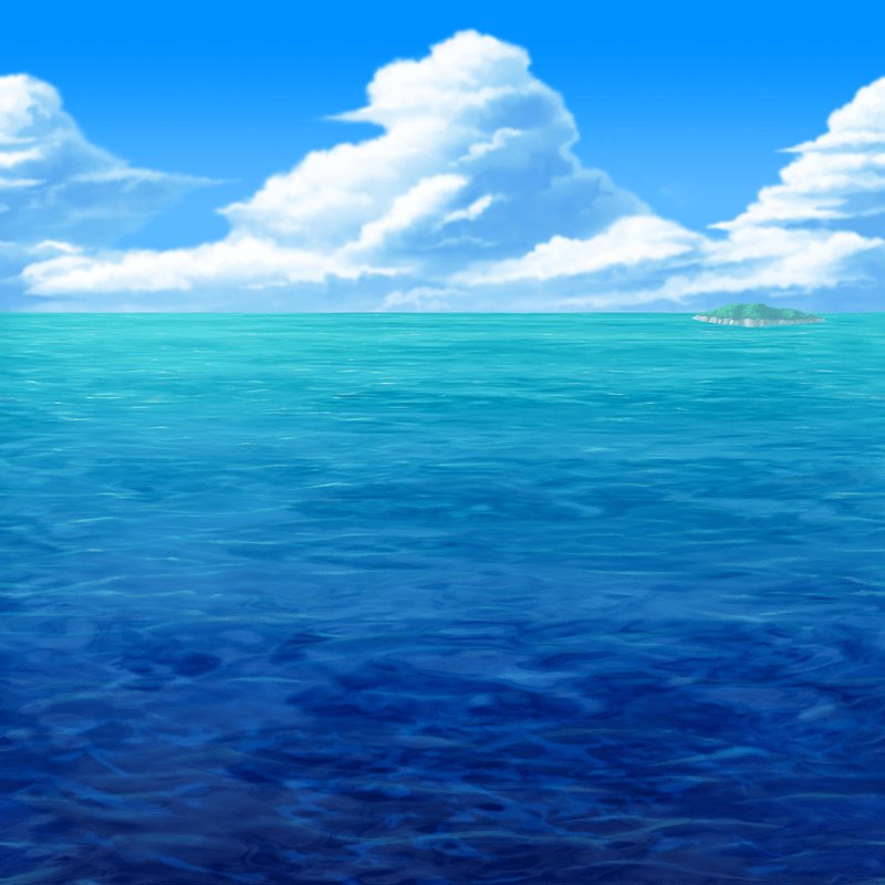 Anime-style sunny ocean view, bright blue sky with fluffy cumulus clouds, small distant tropical ...