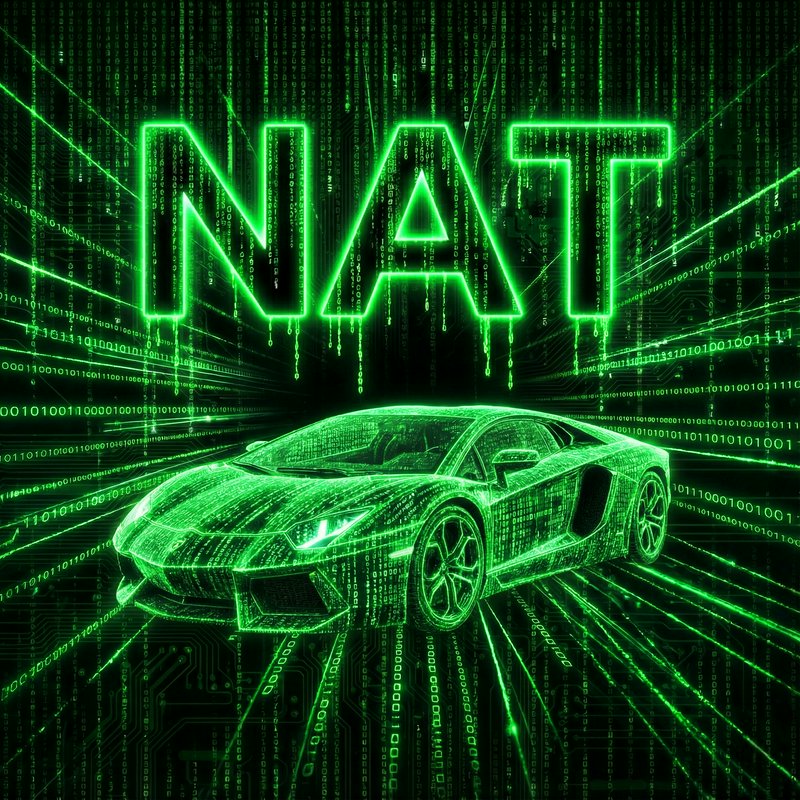 Neon green holographic sports car in a digital matrix with cascading binary and the word NAT.