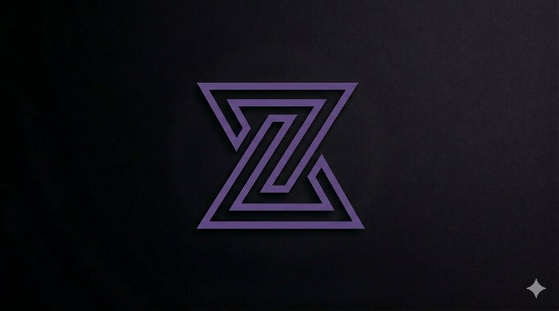 Purple geometric zigzag logo on a dark background