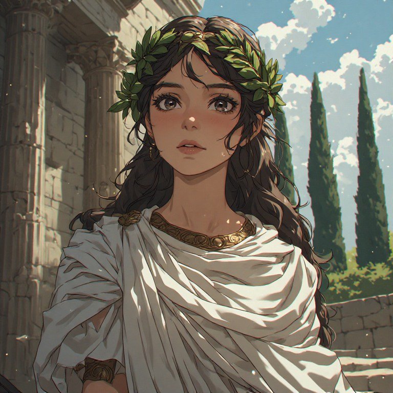 Anime-style woman wearing a laurel wreath in ancient ruins with white drapery