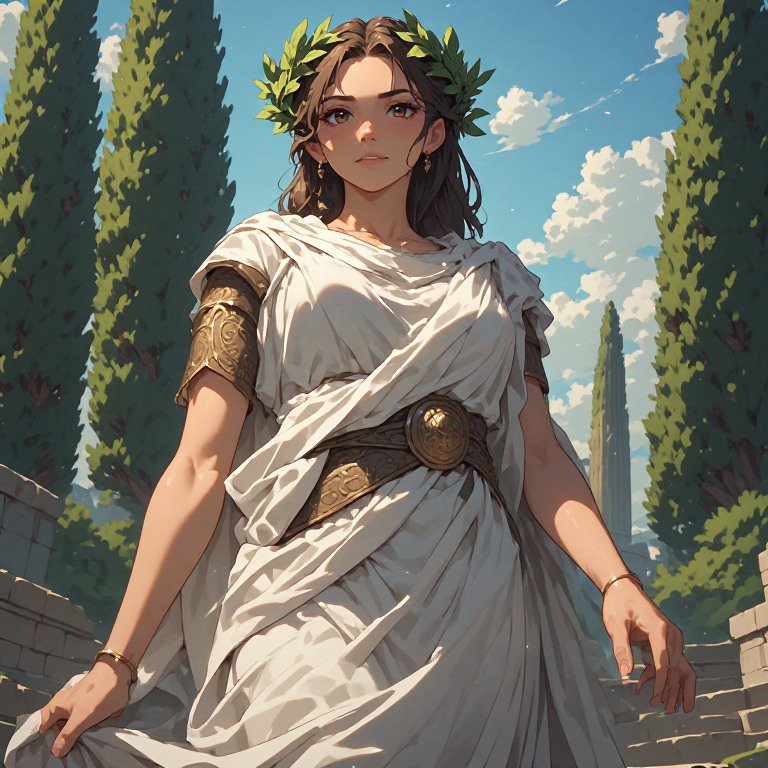 Digital illustration of a woman in a white ancient Greek toga with a laurel wreath in a sunlit ga...