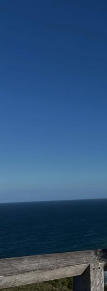 Ocean horizon under a clear blue sky with a wooden railing in the foreground.