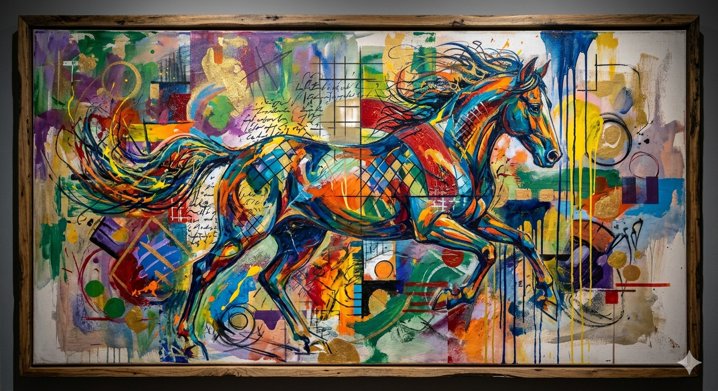 Vibrant abstract painting of a galloping horse with colorful geometric patches