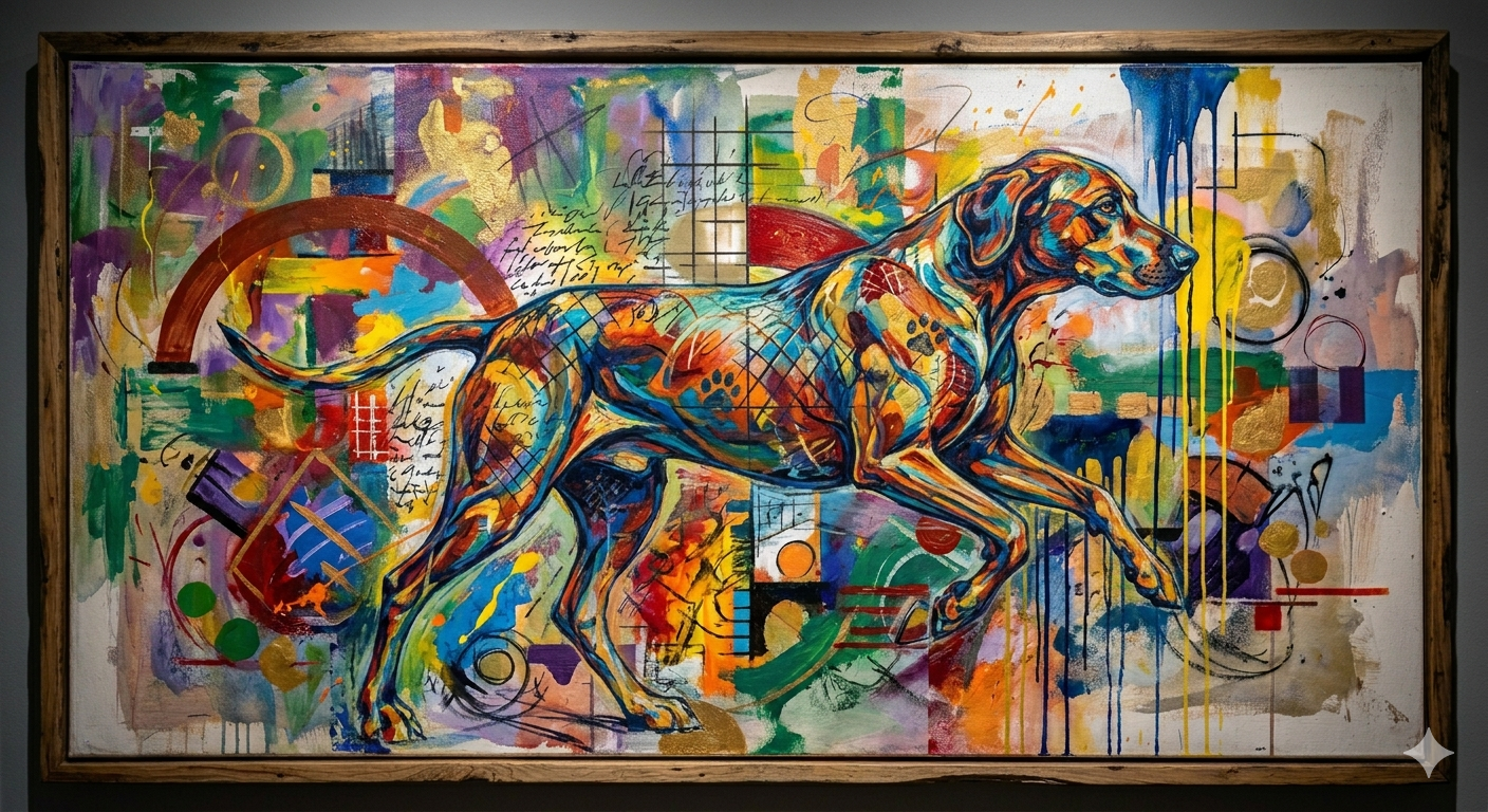 Colorful abstract painting of a running dog in a frame