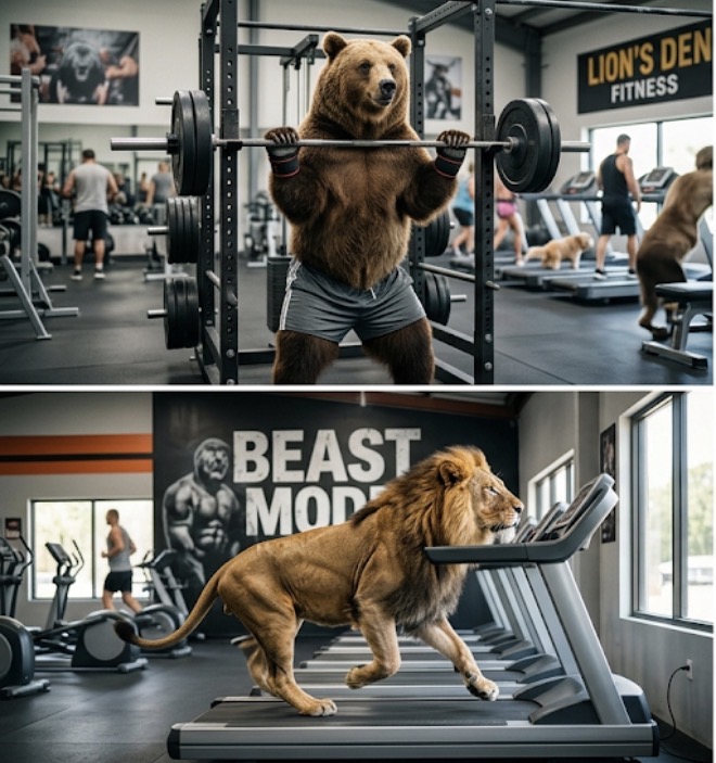 Brown bear lifting a barbell in a gym; another bear on a treadmill under a 'Beast Mode' sign.
