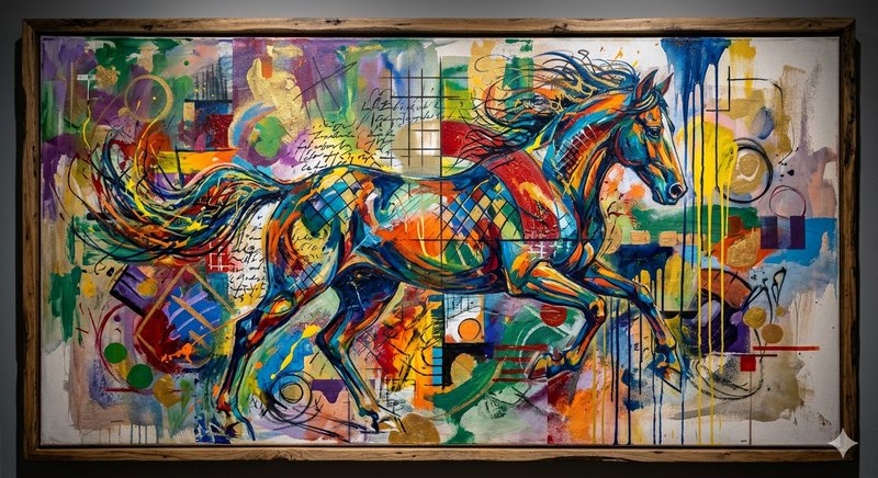 Vibrant abstract painting of a galloping horse with colorful geometric patches