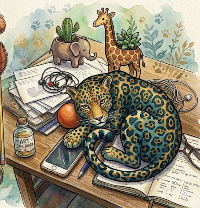 Playful leopard sleeping on a cluttered desk with animal toys and papers.