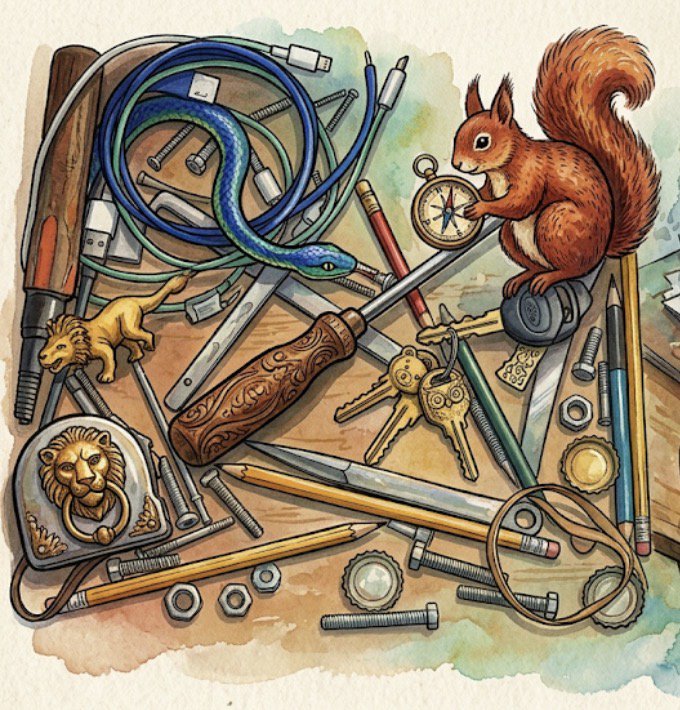 Colorful illustration of a tangled pile of tools with a blue snake and a squirrel on a wooden sur...
