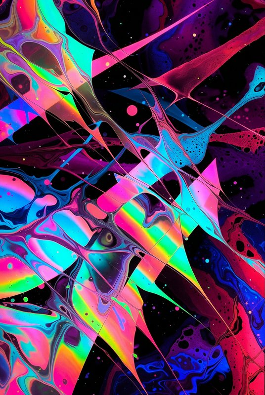 Vibrant neon abstract artwork with swirling ribbons and sharp diagonal streaks across a dark back...