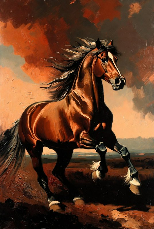 Dynamic painting of a brown horse rearing with flowing mane against a dramatic orange sky.