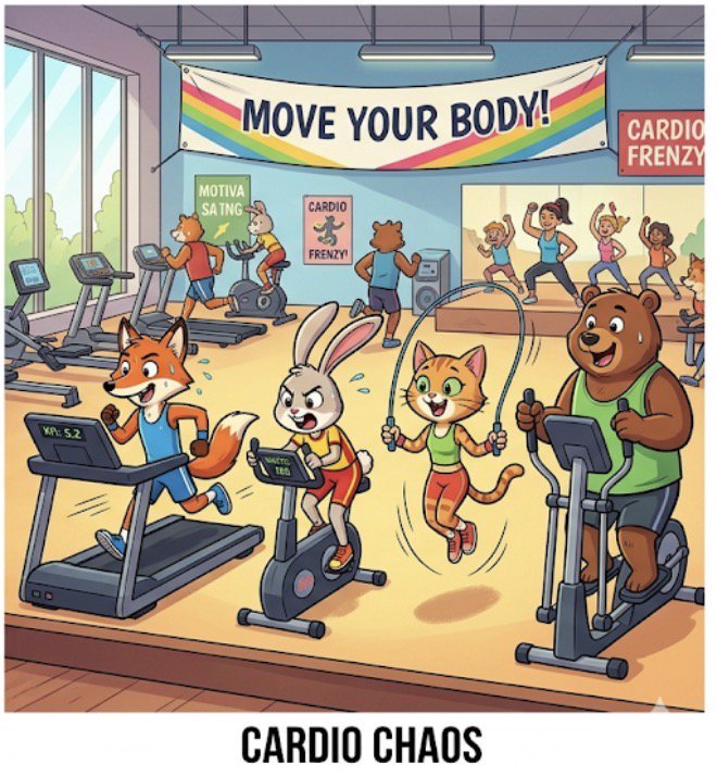 Colorful cartoon of animals exercising on treadmills in a gym under a "Move Your Body!" banner.